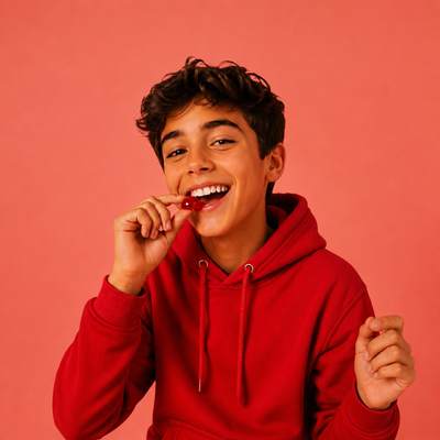 Jeune homme qui goûte la fraise de plaizz