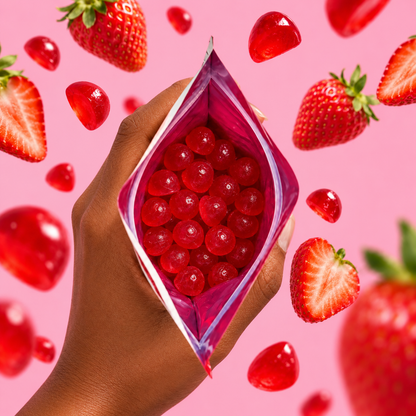 Sachet de Plaizz fraise ouvert.