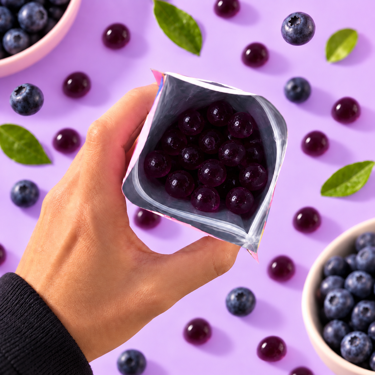 Sachet de Plaizz myrtille ouvert. 